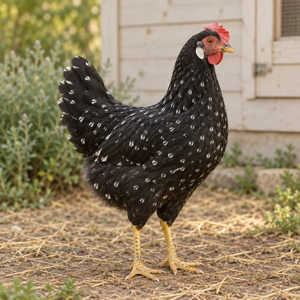 Ein schwarzweiß gesprenkeltes Huhn steht mit beiden Füßen sichtbar auf einem Hof vor einer hellen Holzwand.
