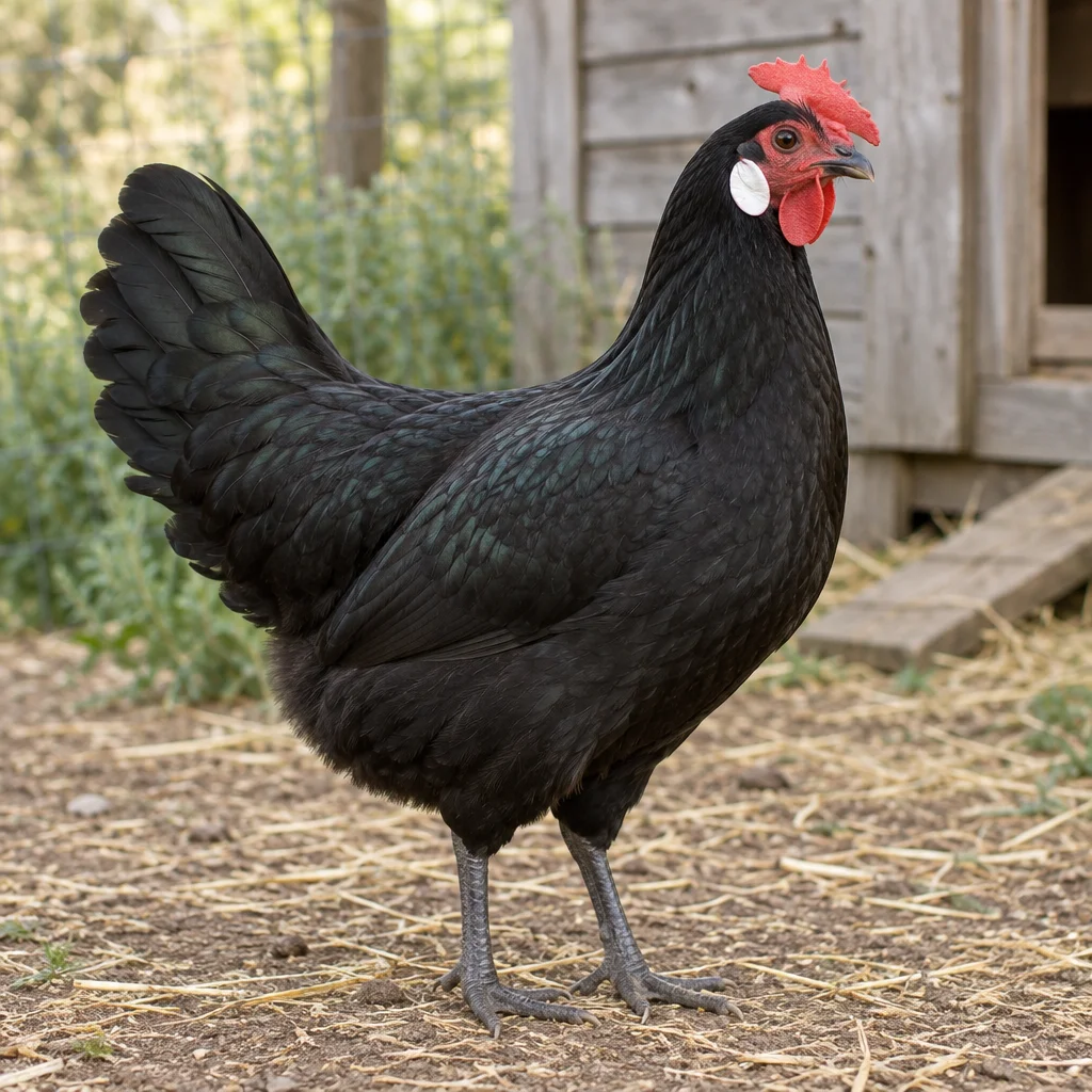 Schwarzes Huhn mit weißen Ohrscheiben, rotem Kamm und schiefergrauen Beinen, vollständig zu sehen neben einem Hühnerstall aus Holz.