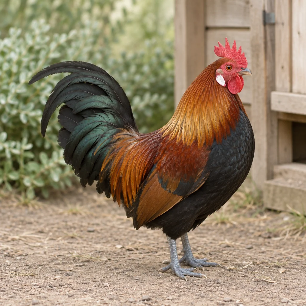 Hahn mit rotbraunen und schwarzen Federn, einem roten Kamm, weißen Ohrscheiben und schieferblauen Beinen auf einem Hof bei einem Holzstall.