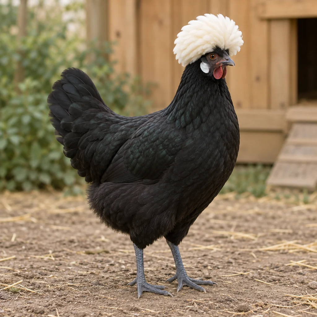 Schwarze Henne mit runder weißer Haube und schieferblauen Beinen, auf Erde vor einem hölzernen Hühnerstall stehend.