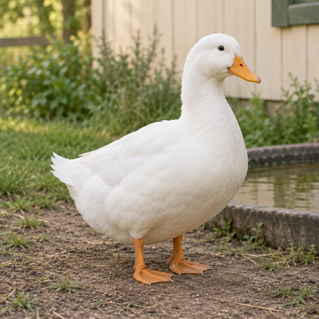 Weiße Ente mit orangefarbenem Schnabel und Schwimmhäuten steht auf Erde neben einer Wasserschale, im Hintergrund sind Grünpflanzen und eine helle Holzwand zu sehen.