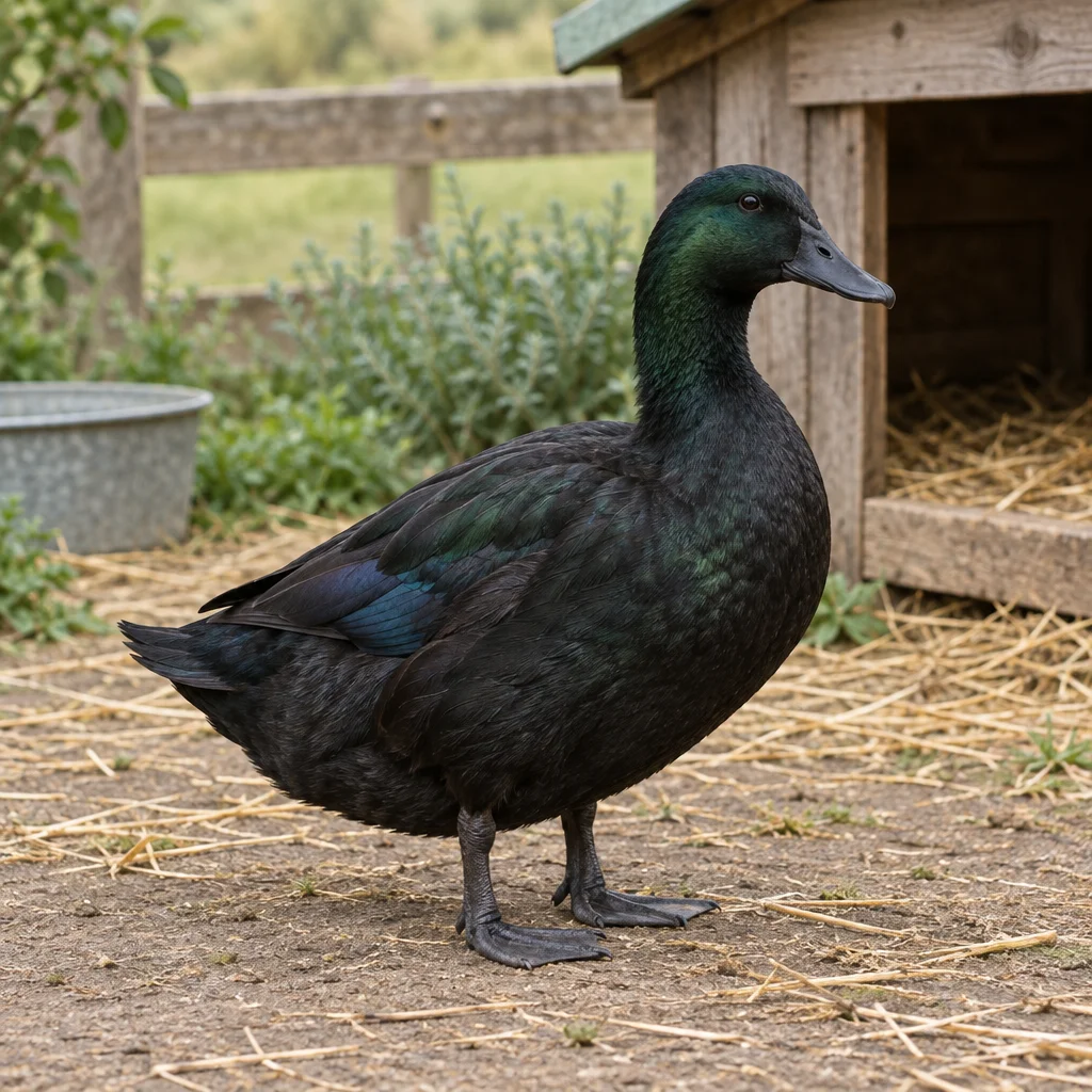 Eine schwarze Ente mit grünem Schimmer steht auf einem Hof mit Stroh neben einem hölzernen Unterschlupf.
