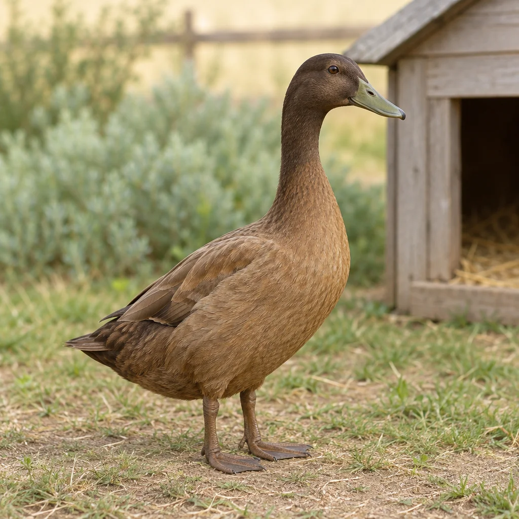 Braune Ente mit dunklem Kopf und olivgrünem Schnabel steht auf Gras neben einem hölzernen Unterschlupf.