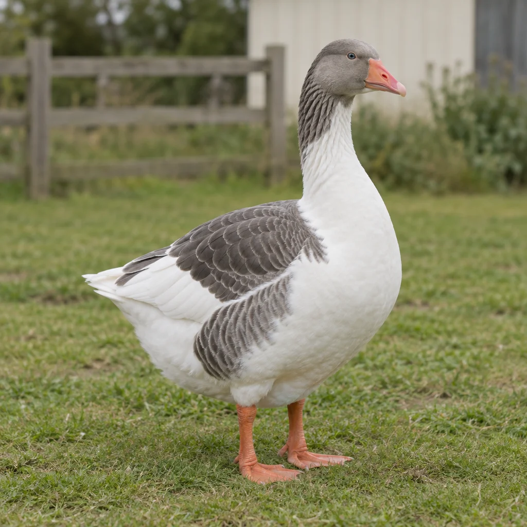 Eine Gans mit grauem Kopf und Rücken, weißer Brust, rosa Schnabel und orangefarbenen Beinen steht auf Gras vor einem Holzzaun.