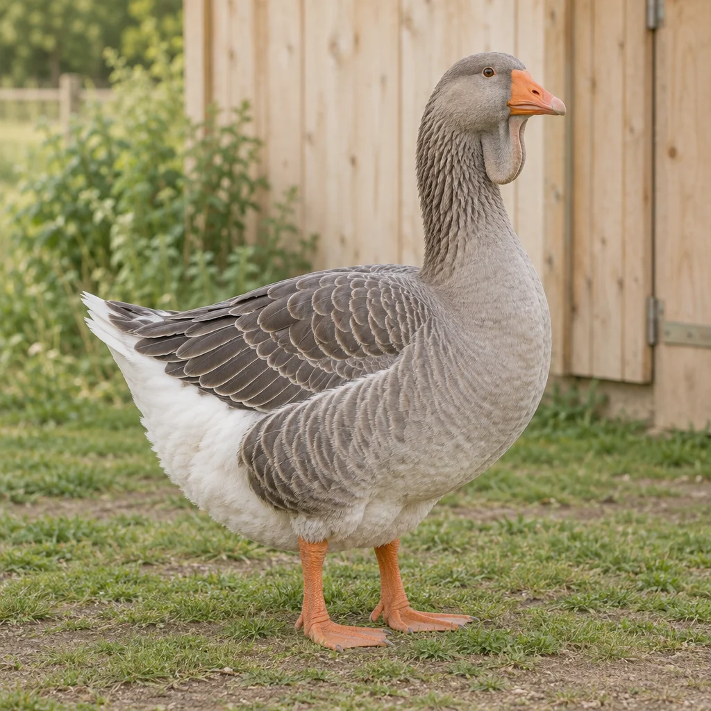 Graue Gans mit einer Hautfalte unter dem Schnabel und orangefarbenen Beinen, die auf Gras neben einem Holzschuppen steht.