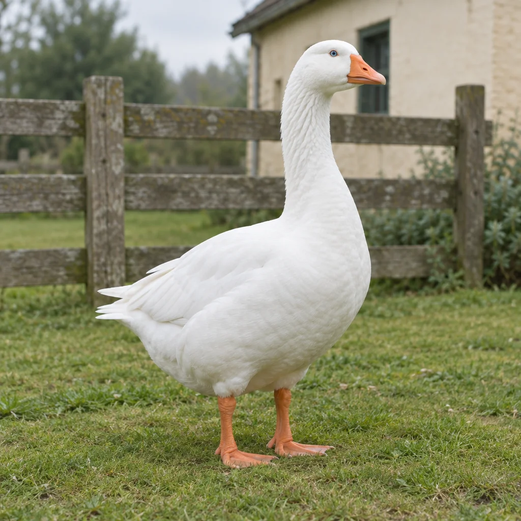 Weiße Gans mit blauen Augen, orangefarbenem Schnabel und orangefarbenen Füßen auf Gras vor einem Holzzaun.