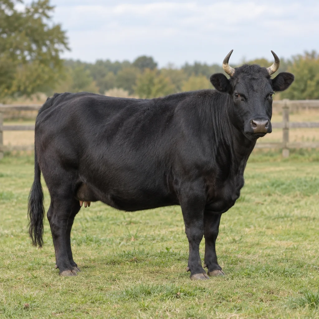 Ein schwarzes Rind mit gebogenen Hörnern steht vollständig sichtbar auf einer Grasweide, im Hintergrund ein Holzzaun.