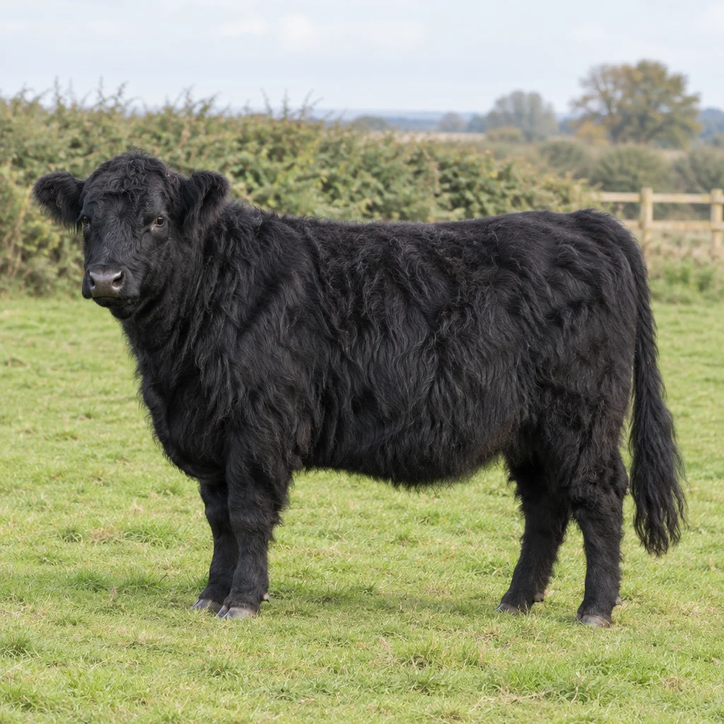 Ein schwarzes, langhaariges Rind ohne Hörner steht mit vier sichtbaren Beinen auf einer Weide vor einer Hecke.