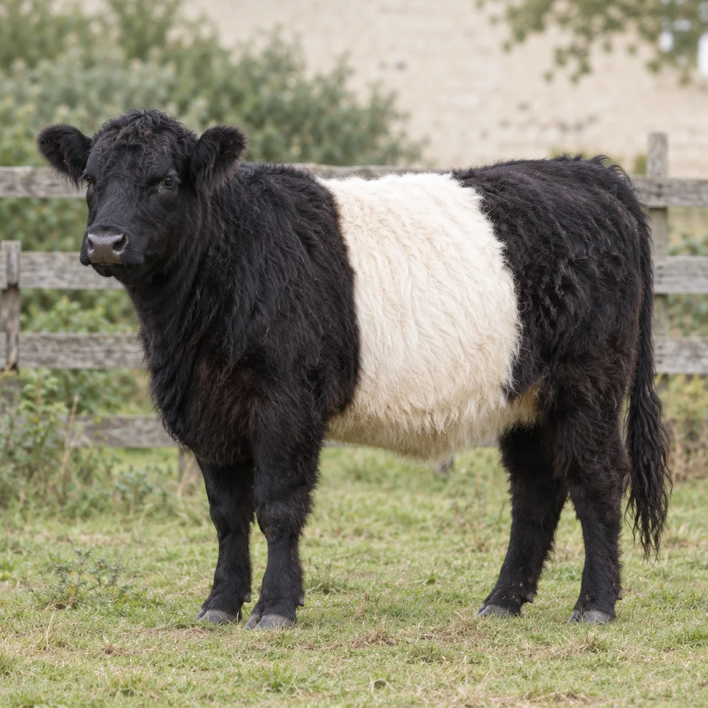 Illustration eines schwarzen, zotteligen Belted Galloway Rindes mit einem breiten weißen Gürtel um den Rumpf, das auf einer Grasweide an einem Holzzaun steht.