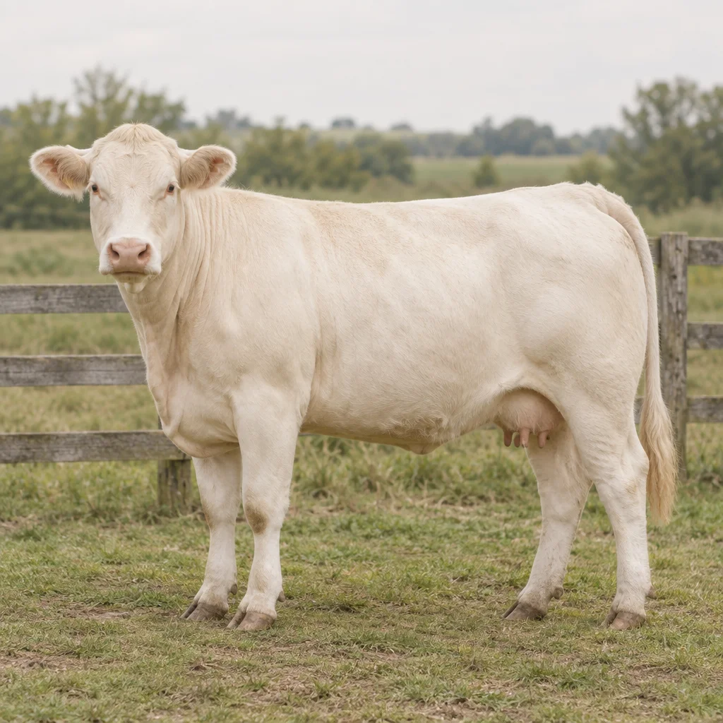Ein cremeweißes Rind steht auf Gras vor einem Holzzaun; sein ganzer Körper und alle vier Hufe sind zu sehen.