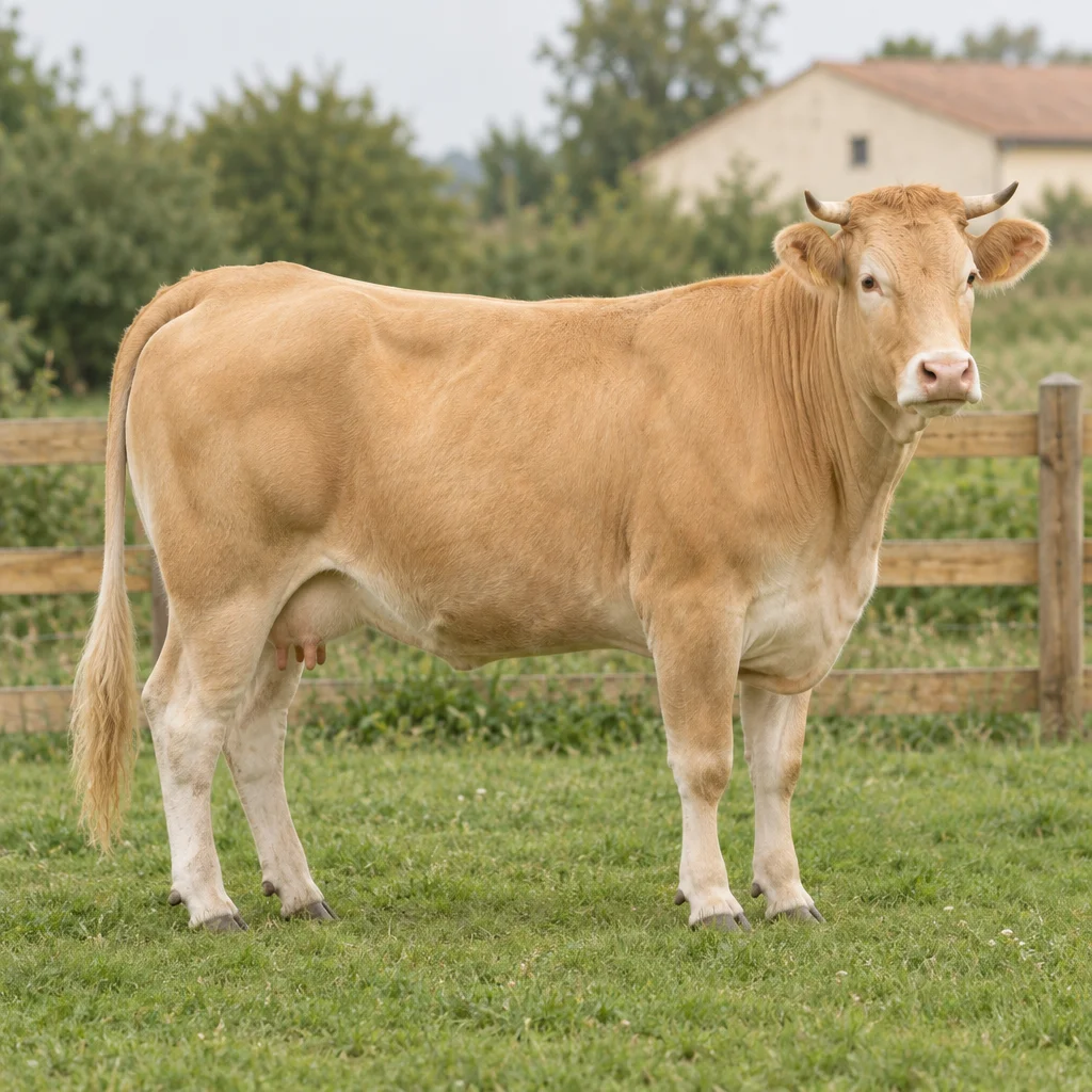 Illustration einer hell weizenfarbenen Blonde d’Aquitaine Kuh mit hellen Hörnern und rosa Nase auf einer eingezäunten Weide.