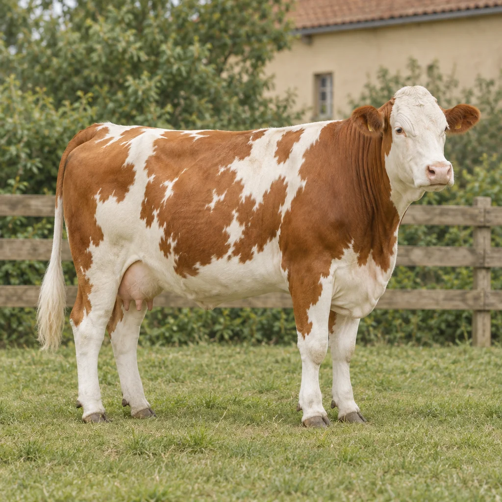 Eine rotbraun weiße Kuh steht mit vollständig sichtbarem Körper auf einer Weide vor einem Holzzaun.