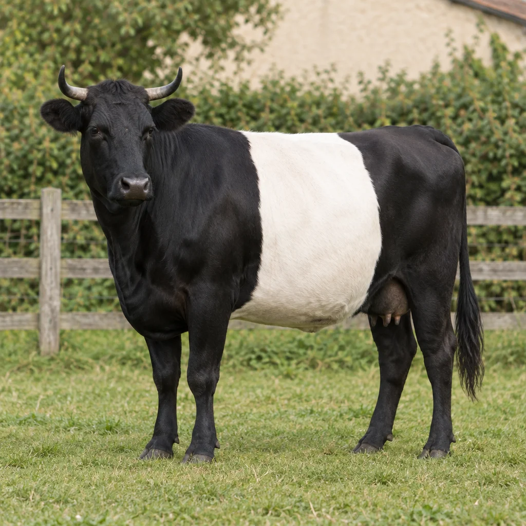 Schwarzes Rind mit einem breiten weißen Gürtel um den Rumpf steht mit vier sichtbaren Beinen auf einer Weide neben einem Holzzaun.