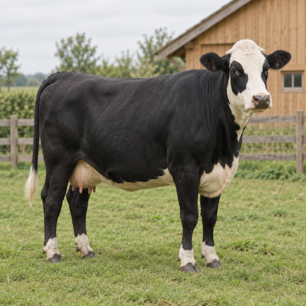 Schwarze Kuh mit weißem Kopf, schwarzen Flecken um die Augen, weißem Unterbauch und weißer Schwanzspitze auf einer Weide neben einer Holzscheune.