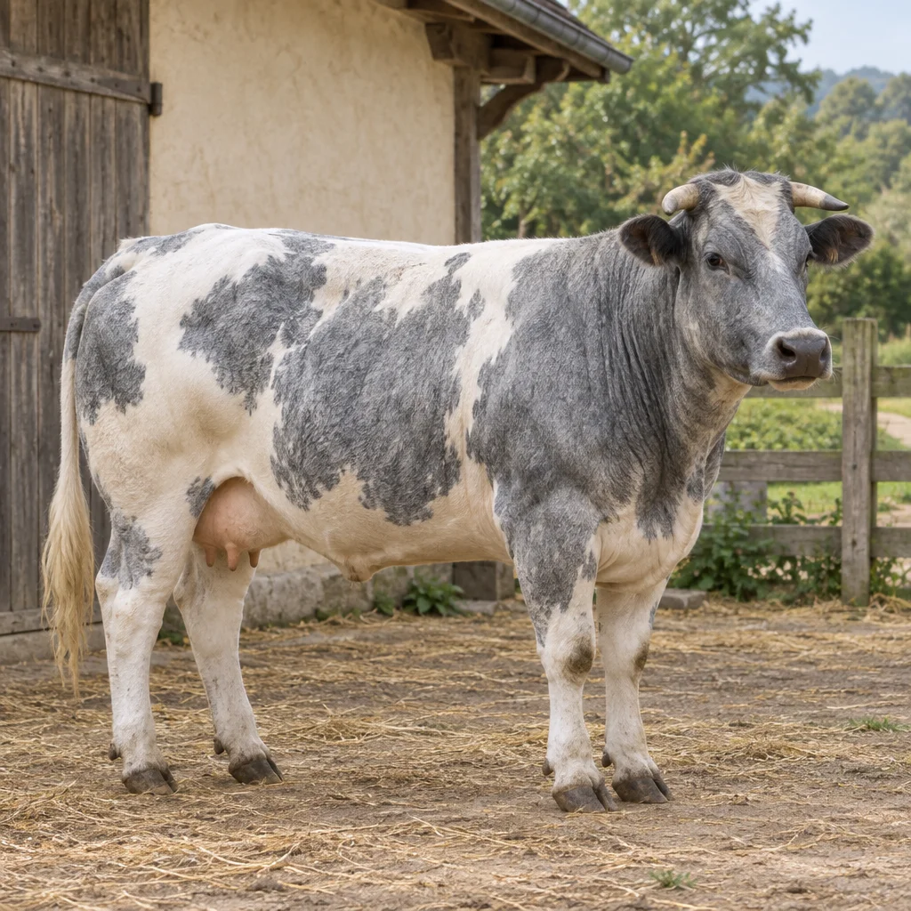 Grauweißes Rind mit kurzen Hörnern steht auf einem Hof neben einer Scheune; alle vier Beine sind sichtbar.