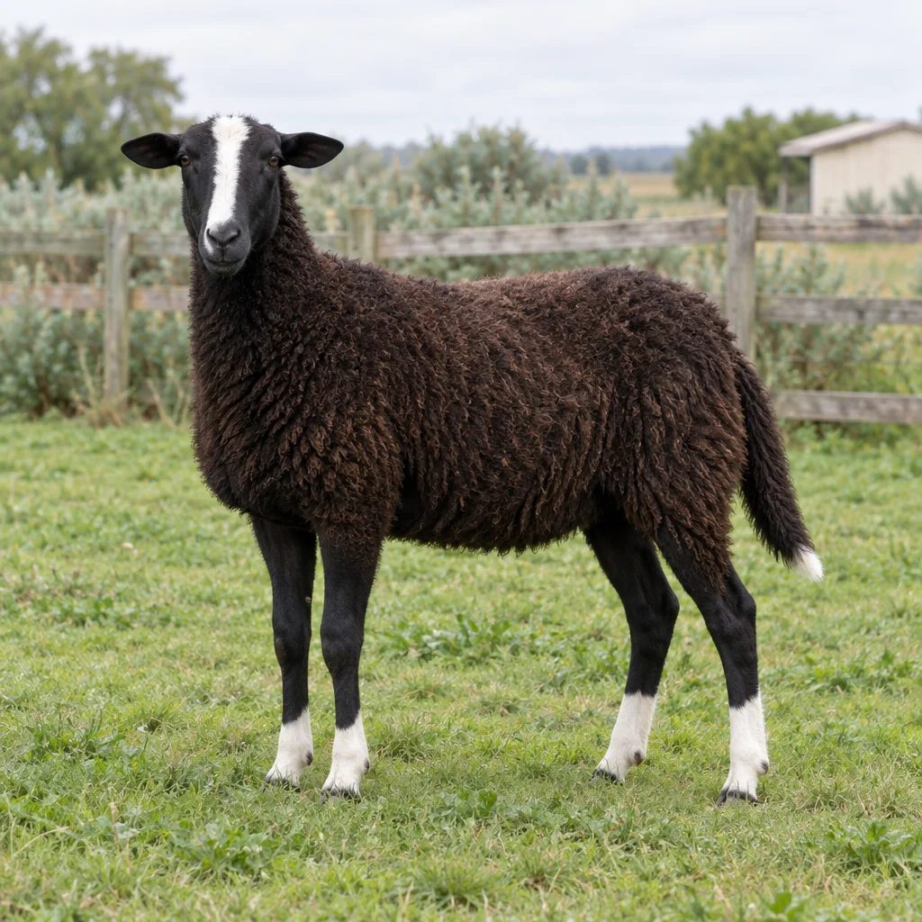 Dunkelbraunes Schaf mit weißer Blesse, vier weißen Beinen im unteren Bereich und weißer Schwanzspitze, das vor einem Holzzaun im Gras steht.