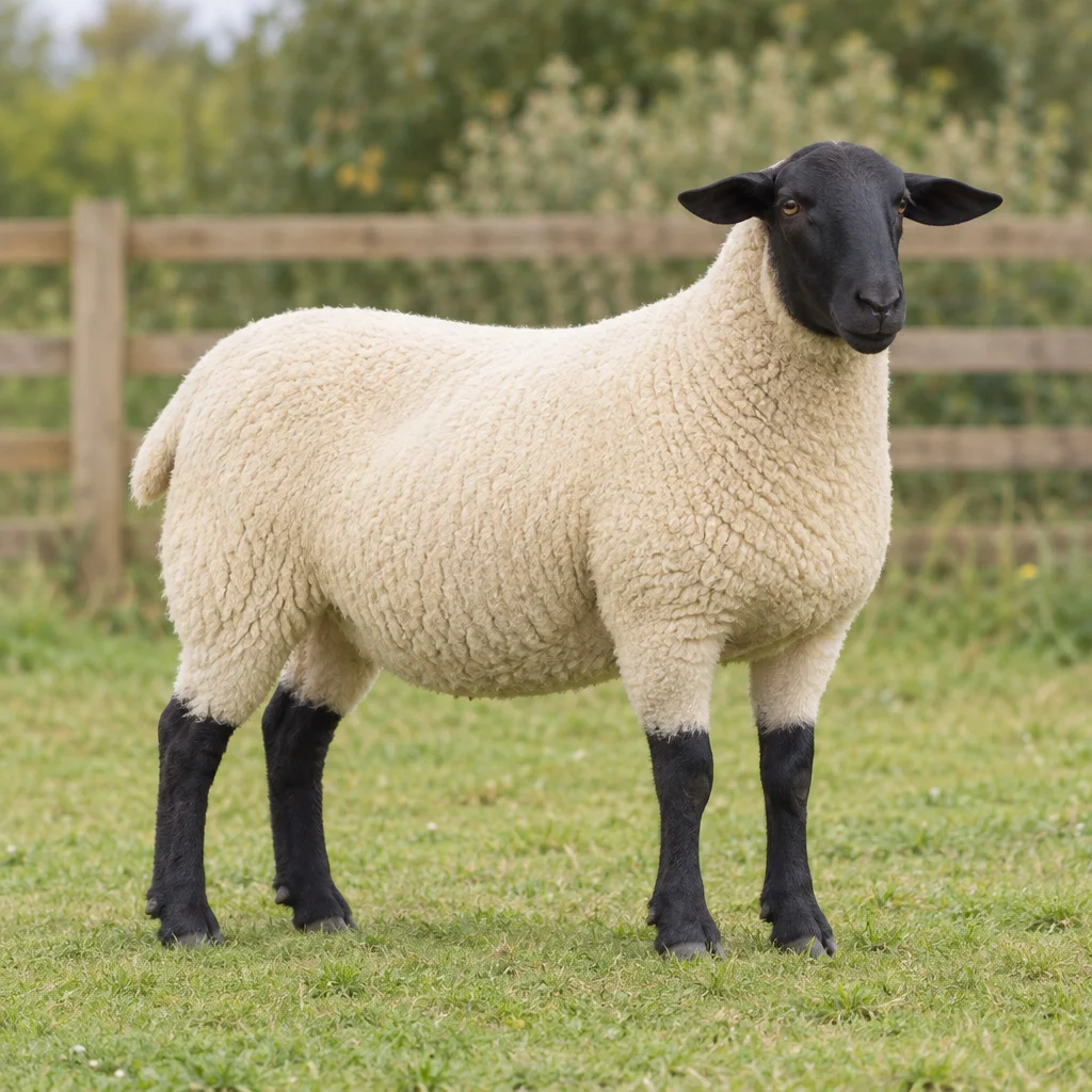 Ein Schaf mit weißer Wolle, schwarzem Kopf und schwarzen Beinen steht im Gras vor einem Holzzaun.