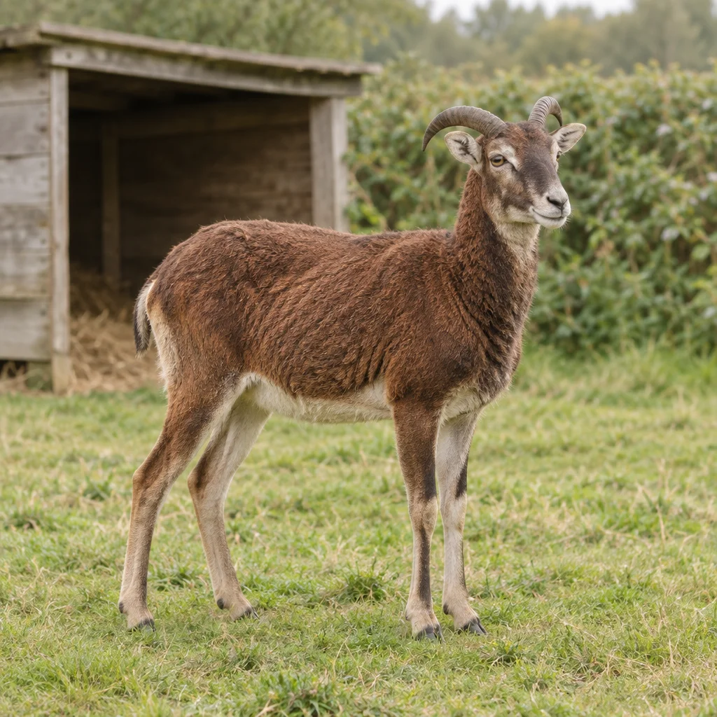 Braunes Schaf mit zwei gebogenen Hörnern steht im Gras vor einem hölzernen Unterstand.