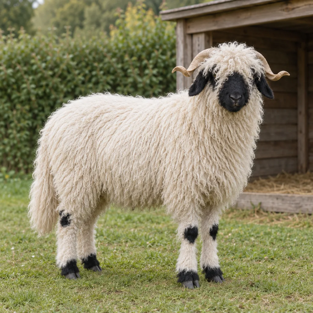 Ein weißes, langhaariges Schaf mit schwarzer Schnauze und schwarzen Ohren, gebogenen Hörnern und schwarzen Abzeichen an den Beinen steht auf Gras neben einem Unterstand aus Holz.