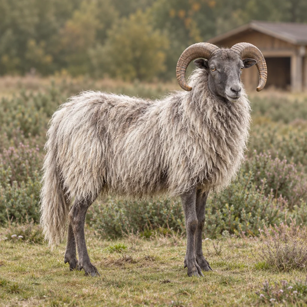 Illustration eines behornten Schafbocks mit langem grauweißem Fell und langem Schwanz auf einer Heidefläche.