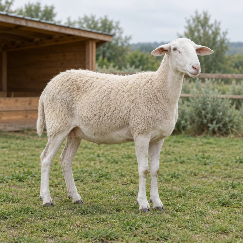Ein weißes Schaf ohne Hörner steht auf Gras vor einem Unterstand aus Holz. Sein ganzer Körper und alle Hufe sind zu sehen.