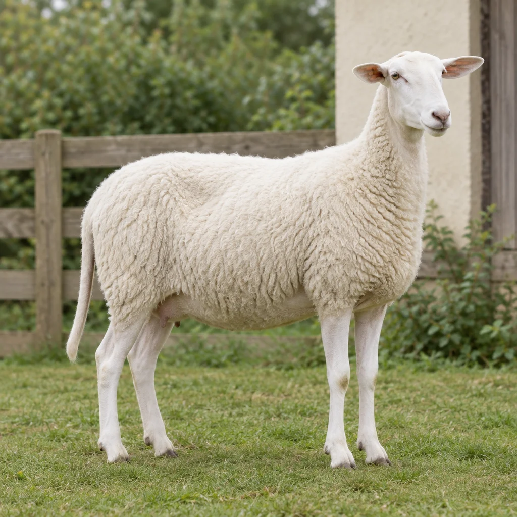 Ein weißes, hornloses, ausgewachsenes Schaf steht mit allen vier sichtbaren Beinen auf Gras neben einem Holzzaun. Es hat einen unbehaarten Kopf und einen langen, dünnen Schwanz.