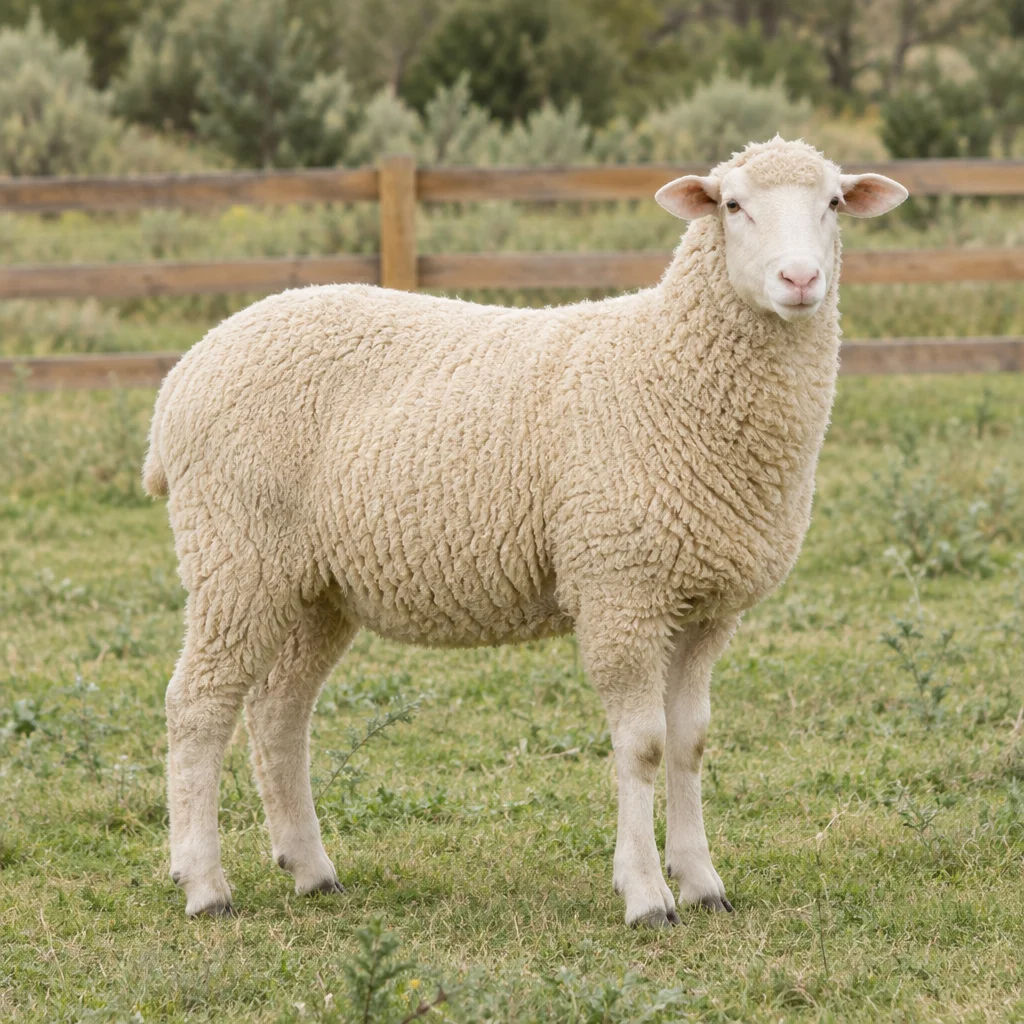 Ein Schaf mit weißer Wolle steht auf Gras vor einem Holzzaun. Sein ganzer Körper und alle vier Beine sind zu sehen.
