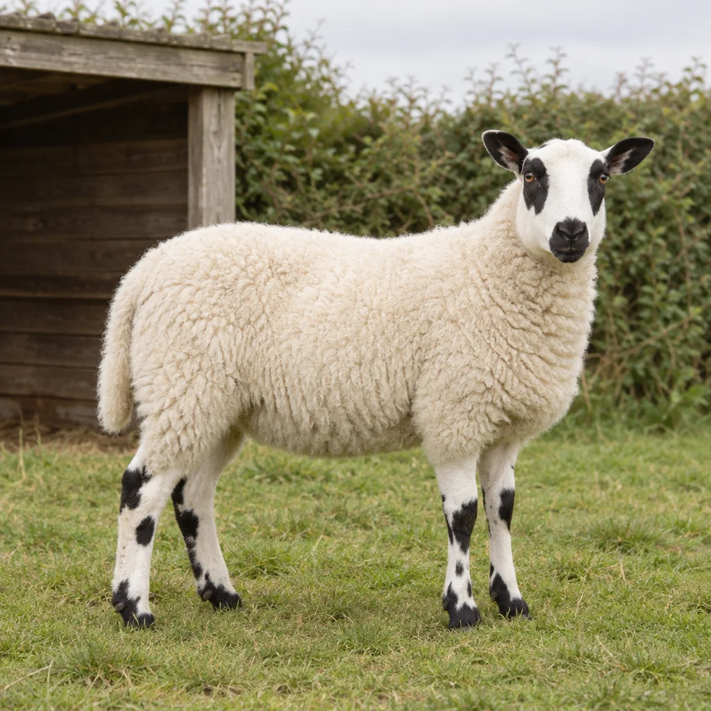 Ein weißes Schaf mit schwarzen Zeichnungen um die Augen, an der Nase und an den Beinen steht auf Gras neben einem hölzernen Unterstand.