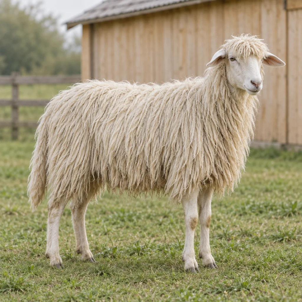 Ein weißes Schaf mit langer, herabhängender Wolle steht auf einer Grasweide vor einer Holzscheune.