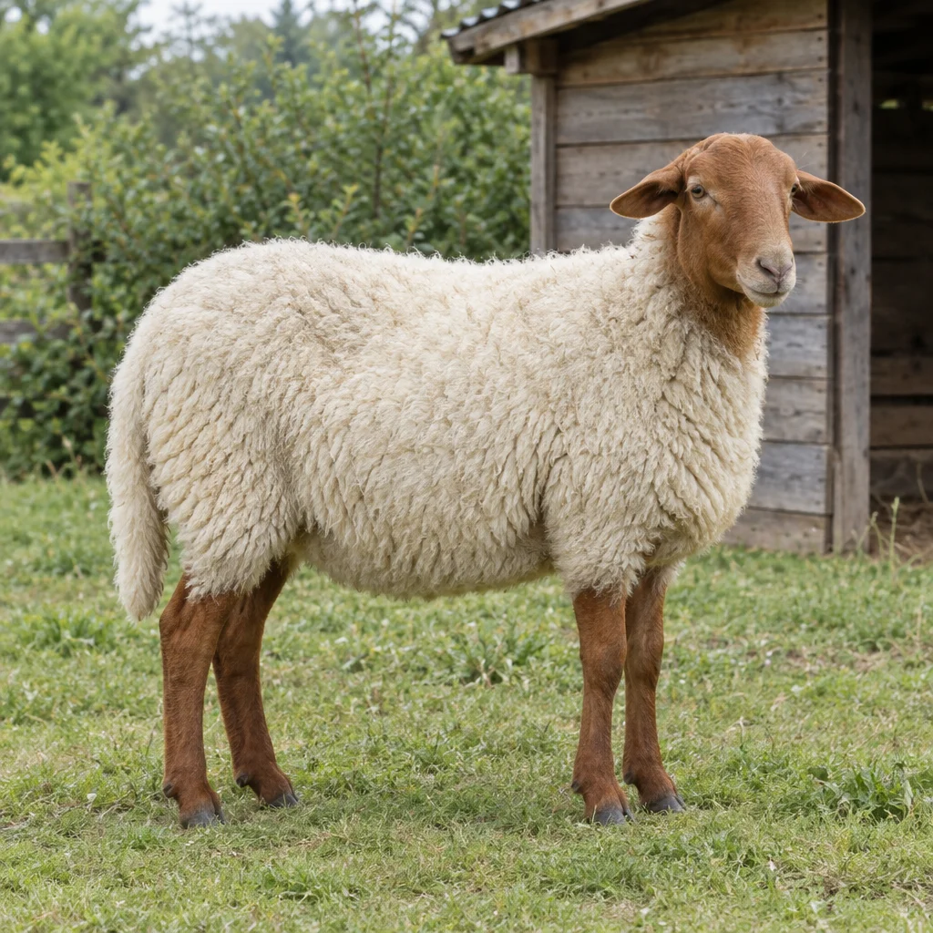 Ein Schaf mit weißer Wolle, rotbraunem Kopf und rotbraunen Beinen steht auf Gras neben einem Unterstand aus Holz.