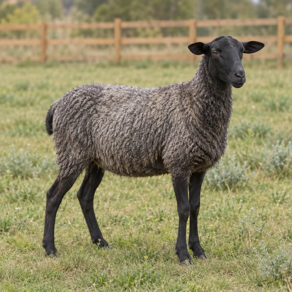 Ein Schaf mit grauer Wolle, schwarzem Kopf und schwarzen Beinen steht auf einer Grasweide vor einem Holzzaun.
