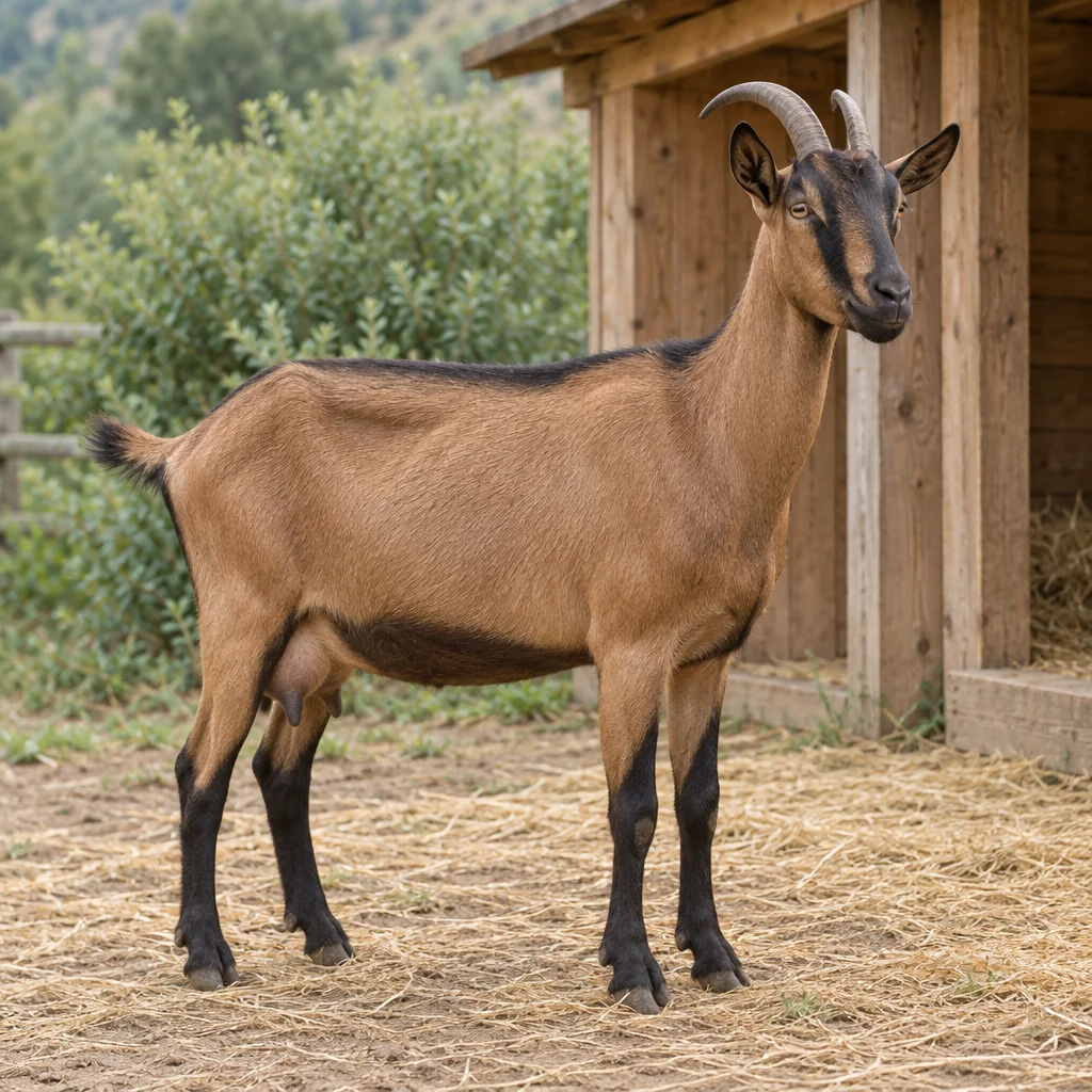 Braune Ziege mit dunklen Beinen und dunkler Kopfzeichnung steht auf Stroh neben einem Unterstand aus Holz.