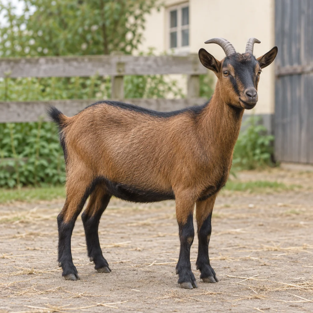 Braune Zwergziege mit schwarzen Unterschenkeln und zwei Hörnern, vollständig auf einem Hof vor einem Holzzaun zu sehen.