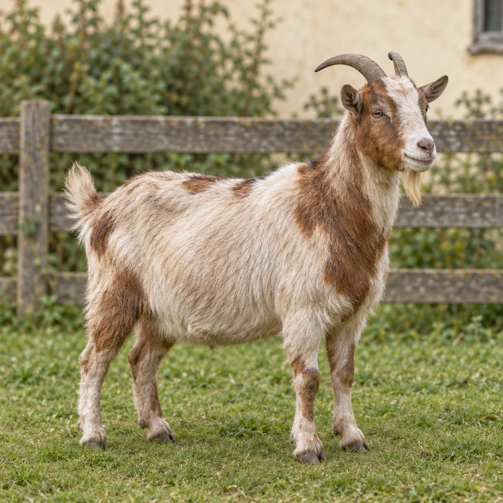 Eine Ziege mit zotteligem, hellem Fell, braunen Flecken, einem Bart und zwei gebogenen Hörnern steht auf Gras vor einem Holzzaun.
