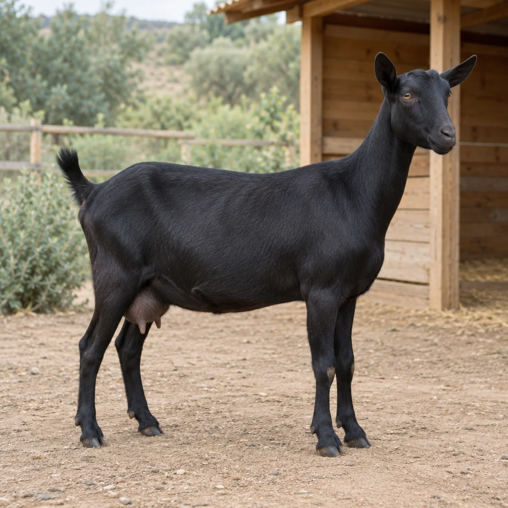 Eine schwarze Ziege ohne sichtbare Hörner ist mit ihrem ganzen Körper auf einem Hof neben einem hölzernen Unterstand zu sehen.