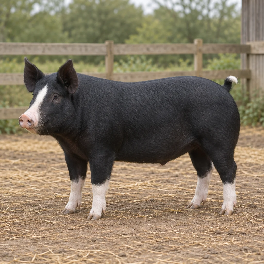 Schwarzes Schwein mit aufrecht stehenden Ohren, einem weißen Abzeichen an der Schnauze, weißen Unterschenkeln und einer weißen Schwanzspitze in einem eingezäunten Außenbereich.