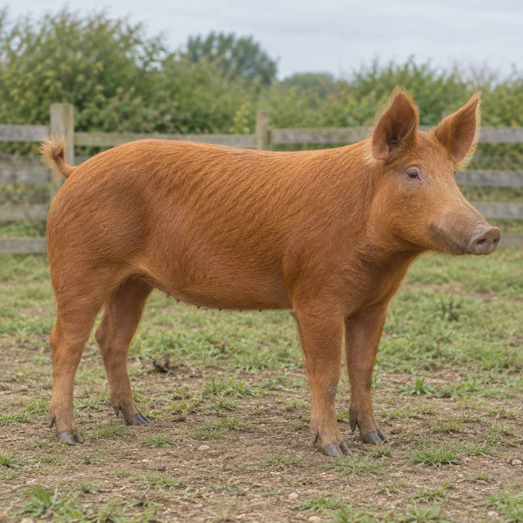 Illustration eines rötlichen Tamworth Schweins mit aufrecht stehenden Ohren auf einer eingezäunten Weide.