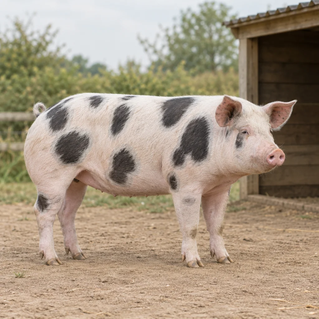 Ein weißes Schwein mit schwarzen Flecken steht auf einem Hof neben einem Unterstand aus Holz. Alle vier Beine sind zu sehen.