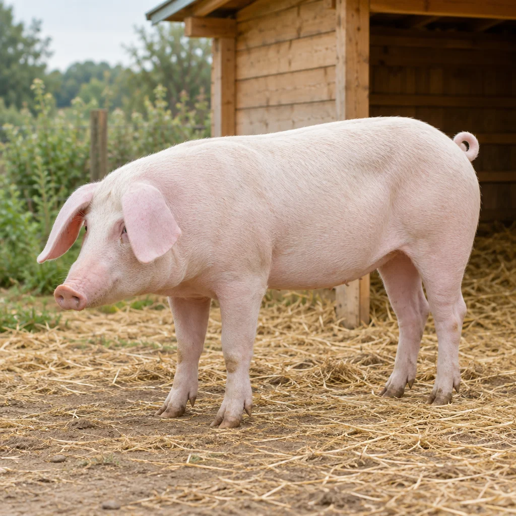 Weißes Schwein mit hängenden Ohren steht auf Stroh vor einem hölzernen Unterstand.