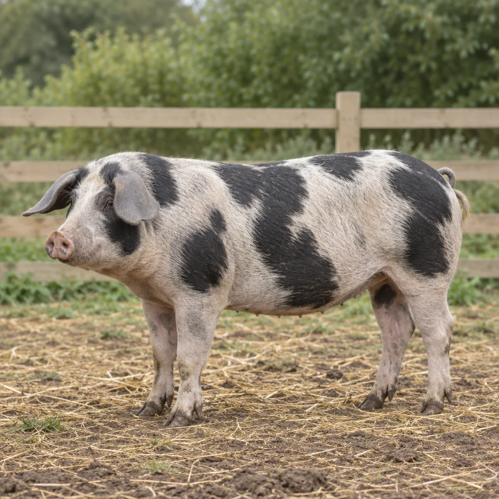 Ein schwarz geflecktes Schwein mit hängenden Ohren ist vollständig auf Stroh und Erde vor einem Holzzaun zu sehen.