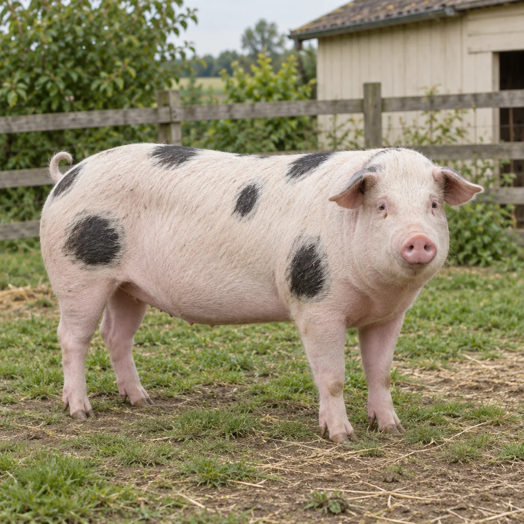 Ein weißes Schwein mit runden schwarzen Flecken steht an einer Holzeinzäunung; alle vier Beine sind zu sehen.