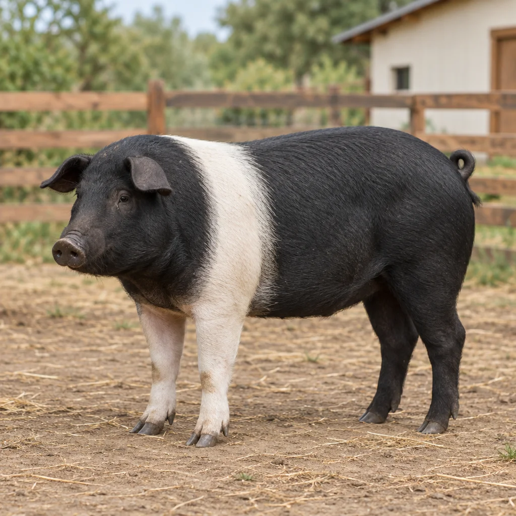 Ein schwarzes Schwein mit einem weißen Band über Schultern und Vorderbeinen steht auf einem Hof, im Hintergrund ein Holzzaun.