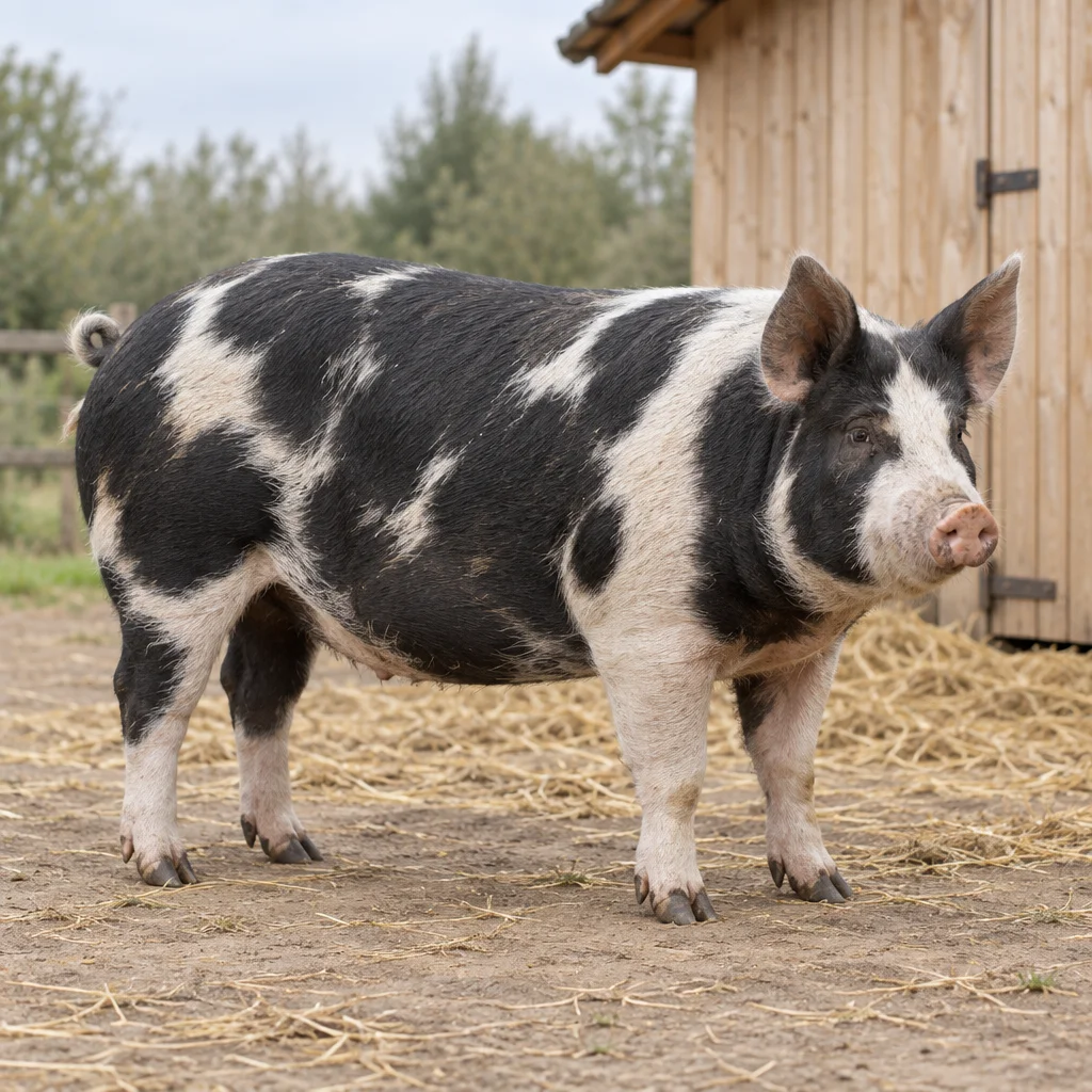 Ein ausgewachsenes, schwarz und weiß geflecktes Schwein steht auf Stroh und Erde vor einer Holzscheune; alle vier Beine sind zu sehen.