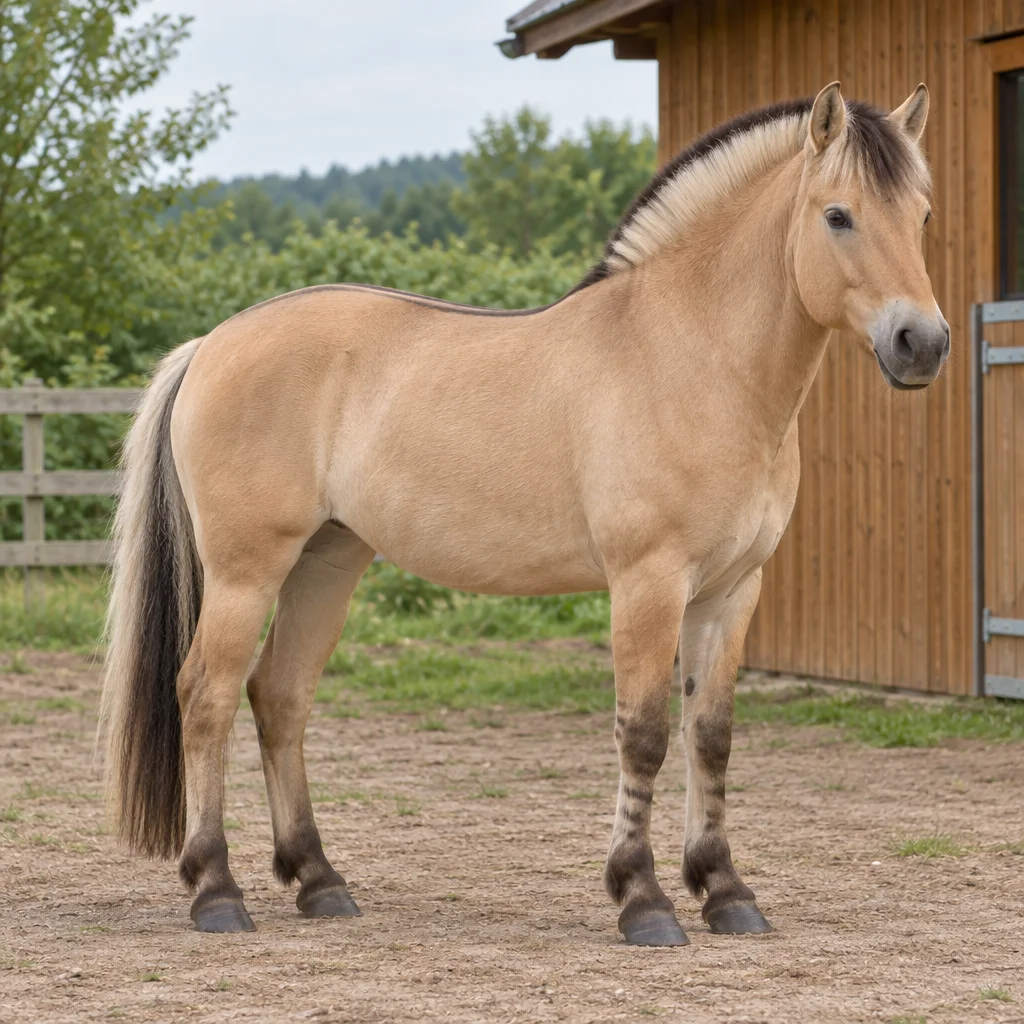 Falbfarbenes Pferd mit kurzer, aufrecht stehender zweifarbiger Mähne steht mit allen Hufen sichtbar bei einem Holzstall.