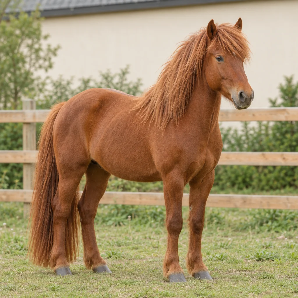 Rotbraunes Pferd mit langer Mähne und langem Schweif steht auf einer Grasweide vor einem Holzzaun.