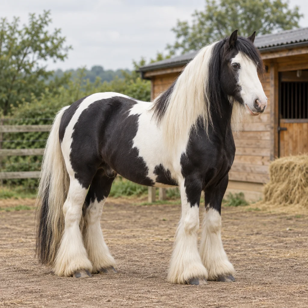 Schwarzweiß geschecktes Pferd mit langer Mähne, vollem Schweif und dichtem Fesselbehang steht vor einem Holzstall.