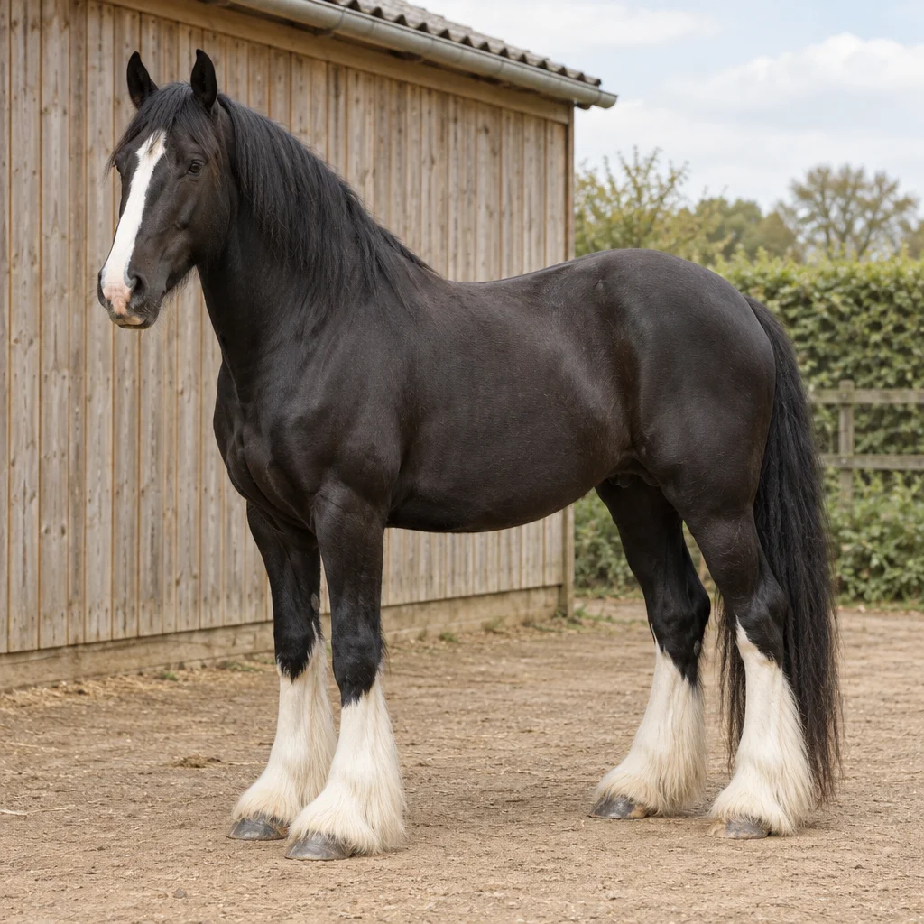 Großes schwarzes Pferd mit einer weißen Blesse und weißem Behang an den Unterschenkeln steht vor einem Holzstall.