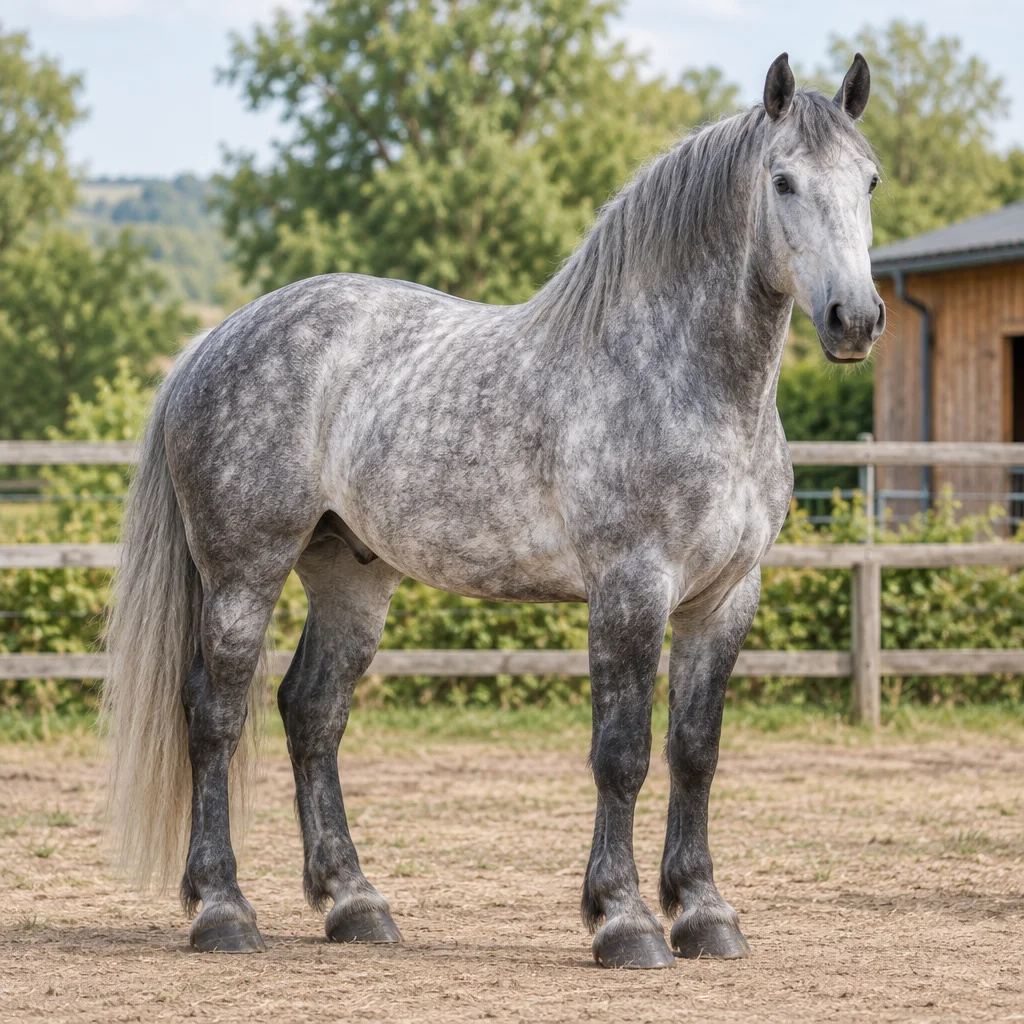 Ein großes, vollständig sichtbares Schimmelpferd steht in einem Paddock vor einem Holzzaun und einem Stall.
