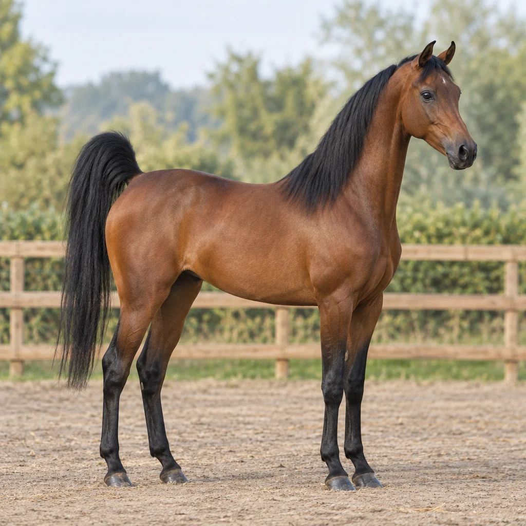 Braunes Pferd mit schwarzer Mähne und schwarzem Schweif steht vollständig sichtbar in einem eingezäunten Paddock.