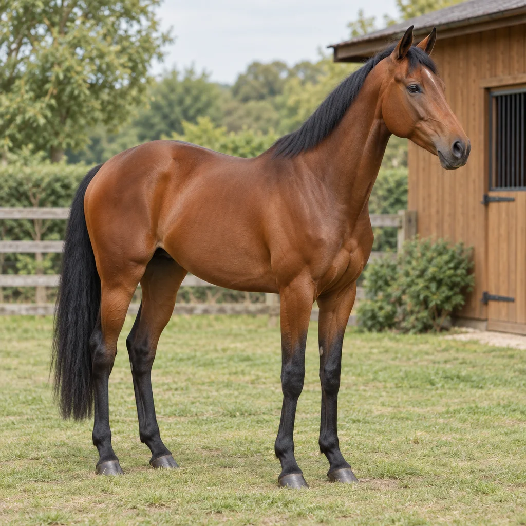 Braunes Pferd mit schwarzer Mähne, schwarzem Schweif und schwarzen Unterschenkeln steht in einem Paddock neben einem Holzstall.